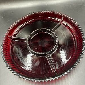 Celebrations by Mikasa “Holiday Flare”.  Cranberry Red Glass Divider Dish.